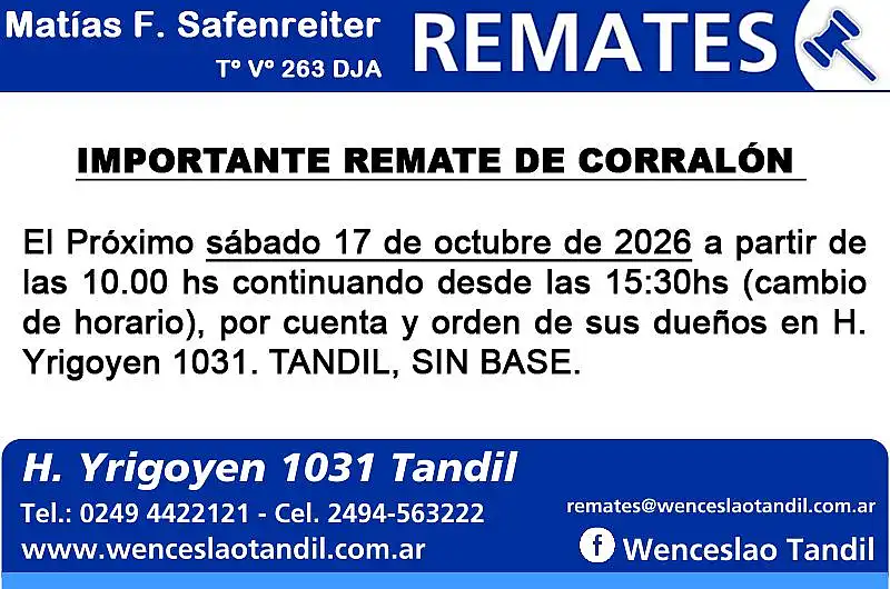 dos Importante remate de corralón sábado 17 de octubre de 2026